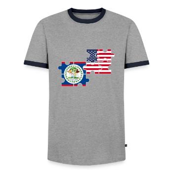 Belize USA American Belizean Flag - Men's Ringer Shirt - grey/navy  - Front - AI Model Female 172 light (172cm) & AI Model Male 178 light (178cm)