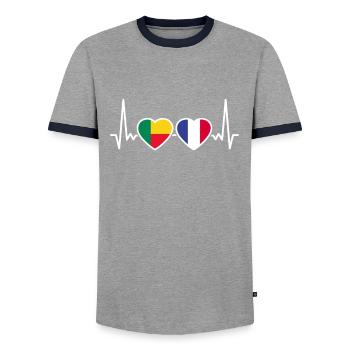 Bénin France Heartbeat Drapeau Béninois - T-shirt contrasté Homme - gris/marine  - Devant - AI Model Female 172 light (172cm) & AI Model Male 178 light (178cm)
