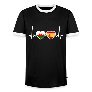 Wales Spanien Herzschlag Flagge Spanier Waliser - Männer Kontrast-T-Shirt - Schwarz/Weiß - Vorne - AI Model Female 172 light (172cm) & AI Model Male 178 light (178cm)