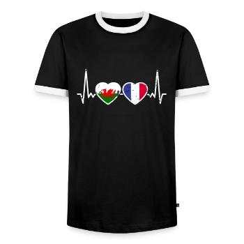 Wales France Vintage Heartbeat Flag Welsh - Men's Ringer Shirt - black/white - Front - AI Model Female 172 light (172cm) & AI Model Male 178 light (178cm)