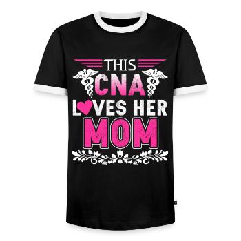 This CNA Loves Her Mom - Men's Ringer Shirt - black/white - Front - AI Model Female 172 light (172cm) & AI Model Male 178 light (178cm)