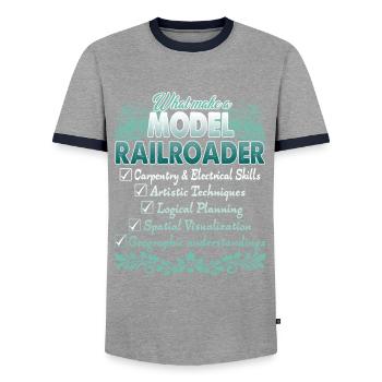 What Make A Model Railroader - Men's Ringer Shirt - grey/navy  - Front - AI Model Female 172 light (172cm) & AI Model Male 178 light (178cm)