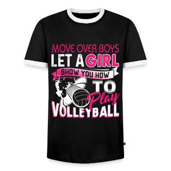 Volleyball Let A Girl Show You How To Play - Men's Ringer Shirt - black/white - Front - AI Model Female 172 light (172cm) & AI Model Male 178 light (178cm)