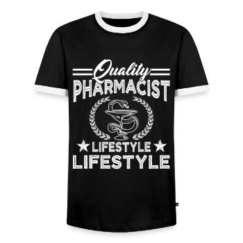 Quality Pharmacist Lifestyle - Men's Ringer Shirt - black/white - Front - AI Model Female 172 light (172cm) & AI Model Male 178 light (178cm)