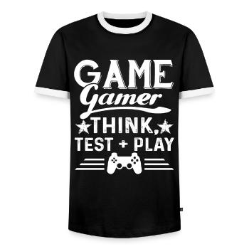Gamer Think Test Play - Men's Ringer Shirt - black/white - Front - AI Model Female 172 light (172cm) & AI Model Male 178 light (178cm)