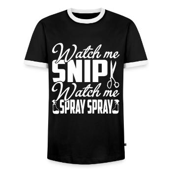 Hairstylist Watch Me Snip Watch Me Spray Spray - Men's Ringer Shirt - black/white - Front - AI Model Female 172 light (172cm) & AI Model Male 178 light (178cm)