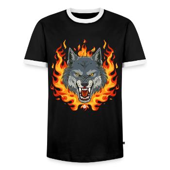 02 Wolf Fire Flames - Men's Ringer Shirt - black/white - Front - AI Model Female 172 light (172cm) & AI Model Male 178 light (178cm)