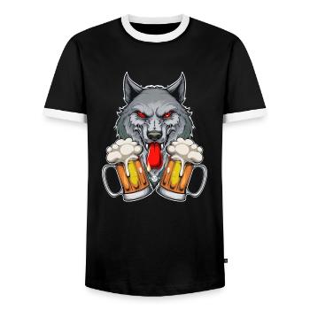 03 Party Wolf two litres of beer to toast Cheers - Men's Ringer Shirt - black/white - Front - AI Model Female 172 light (172cm) & AI Model Male 178 light (178cm)