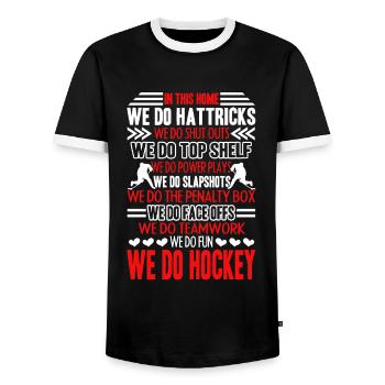 Hockey The Home Of Hockey - Men's Ringer Shirt - black/white - Front - AI Model Female 172 light (172cm) & AI Model Male 178 light (178cm)