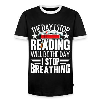 Reading The Day I Stop Reading - Men's Ringer Shirt - black/white - Front - AI Model Female 172 light (172cm) & AI Model Male 178 light (178cm)