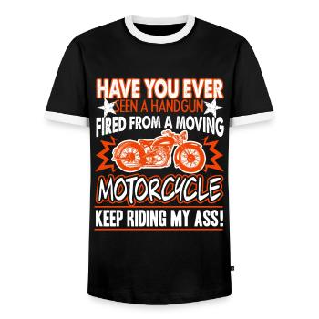 Motorcycle Keep Riding My Ass - Men's Ringer Shirt - black/white - Front - AI Model Female 172 light (172cm) & AI Model Male 178 light (178cm)