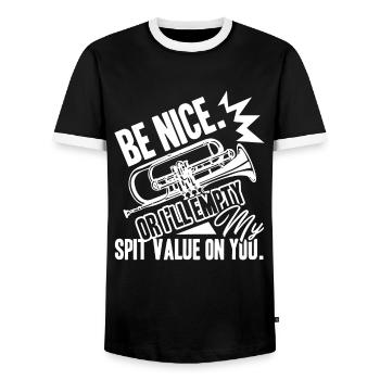 Trumpet Be Nice Or I'll Empty Spit Value On You - Men's Ringer Shirt - black/white - Front - AI Model Female 172 light (172cm) & AI Model Male 178 light (178cm)