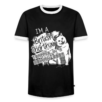 British Shorthair Trapped In A Human Body - Men's Ringer Shirt - black/white - Front - AI Model Female 172 light (172cm) & AI Model Male 178 light (178cm)