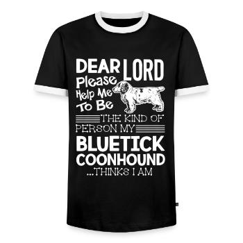 Bluetick Coonhound Please Help Me - Men's Ringer Shirt - black/white - Front - AI Model Female 172 light (172cm) & AI Model Male 178 light (178cm)