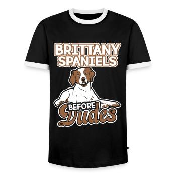Brittany Spaniel Before Dudes - Men's Ringer Shirt - black/white - Front - AI Model Female 172 light (172cm) & AI Model Male 178 light (178cm)