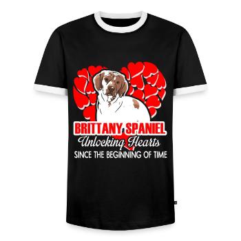 Brittany Spaniel Unlocking Hearts - Men's Ringer Shirt - black/white - Front - AI Model Female 172 light (172cm) & AI Model Male 178 light (178cm)