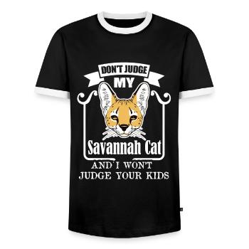 Don't Judge My Savannah Cat - Men's Ringer Shirt - black/white - Front - AI Model Female 172 light (172cm) & AI Model Male 178 light (178cm)