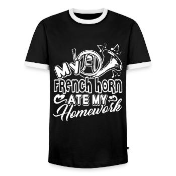 French Horn Ate My Homework - Men's Ringer Shirt - black/white - Front - AI Model Female 172 light (172cm) & AI Model Male 178 light (178cm)