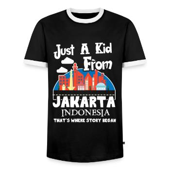 Just A Kid From Jakarta Indonesia - Men's Ringer Shirt - black/white - Front - AI Model Female 172 light (172cm) & AI Model Male 178 light (178cm)