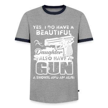 I have A Beautiful Daughter And A Gun - Men's Ringer Shirt - grey/navy  - Front - AI Model Female 172 light (172cm) & AI Model Male 178 light (178cm)