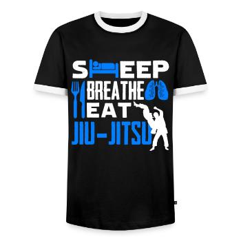 Jiu Jitsu Sleep Eat Jiu Jitsu - Men's Ringer Shirt - black/white - Front - AI Model Female 172 light (172cm) & AI Model Male 178 light (178cm)