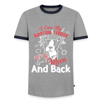 I Love My Boston Terrier To The Moon And Back - Men's Ringer Shirt - grey/navy  - Front - AI Model Female 172 light (172cm) & AI Model Male 178 light (178cm)