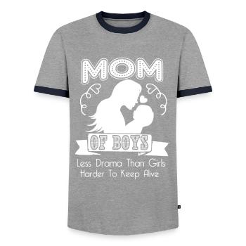 Mom Of Boys Less Drama Than Girls - Men's Ringer Shirt - grey/navy  - Front - AI Model Female 172 light (172cm) & AI Model Male 178 light (178cm)