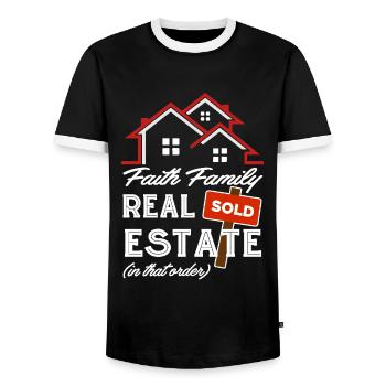Real Estate Agent Faith Family Real Estate - Men's Ringer Shirt - black/white - Front - AI Model Female 172 light (172cm) & AI Model Male 178 light (178cm)
