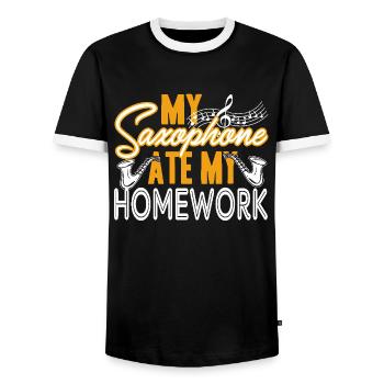 Saxophone Ate My Homework - Men's Ringer Shirt - black/white - Front - AI Model Female 172 light (172cm) & AI Model Male 178 light (178cm)