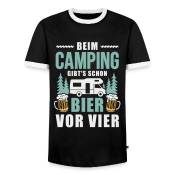 Camping Bier vor vier Wohnmobil Camper - Männer Kontrast-T-Shirt - Schwarz/Weiß - Vorne - AI Model Female 172 light (172cm) & AI Model Male 178 light (178cm)
