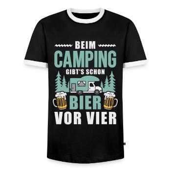 Camping Bier vor vier Wohnmobil Camper - Männer Kontrast-T-Shirt - Schwarz/Weiß - Vorne - AI Model Female 172 light (172cm) & AI Model Male 178 light (178cm)