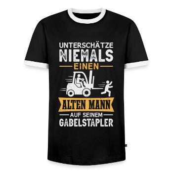 Staplerfahrer Alter Mann Gabelstapler Lagerist - Männer Kontrast-T-Shirt - Schwarz/Weiß - Vorne - AI Model Female 172 light (172cm) & AI Model Male 178 light (178cm)