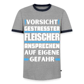 Ne parlez pas à un boucher stressé ! - T-shirt contrasté Homme - gris/marine  - Devant - AI Model Female 172 light (172cm) & AI Model Male 178 light (178cm)
