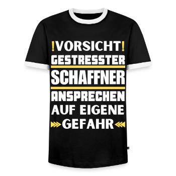 Don't talk to a stressed conductor! - Men's Ringer Shirt - black/white - Front - AI Model Female 172 light (172cm) & AI Model Male 178 light (178cm)