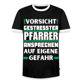 Don't talk to a stressed pastor! - Men's Ringer Shirt - black/white - Front - AI Model Female 172 light (172cm) & AI Model Male 178 light (178cm)