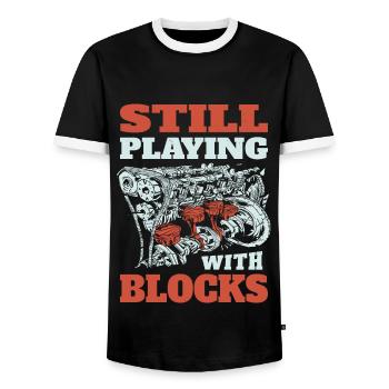 Still playing with blocks, Mechanics Engine Block - Men's Ringer Shirt - black/white - Front - AI Model Female 172 light (172cm) & AI Model Male 178 light (178cm)