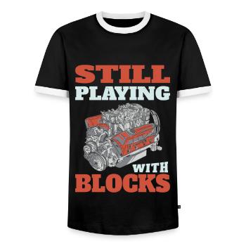 Still playing with blocks, Mechanics Engine Block - Men's Ringer Shirt - black/white - Front - AI Model Female 172 light (172cm) & AI Model Male 178 light (178cm)
