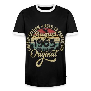 August 1965 Birthday present August 1965 August - Men's Ringer Shirt - black/white - Front - AI Model Female 172 light (172cm) & AI Model Male 178 light (178cm)