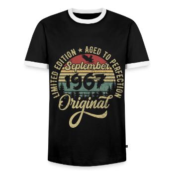 58th birthday September 1967 - 58 years old - Men's Ringer Shirt - black/white - Front - AI Model Female 172 light (172cm) & AI Model Male 178 light (178cm)