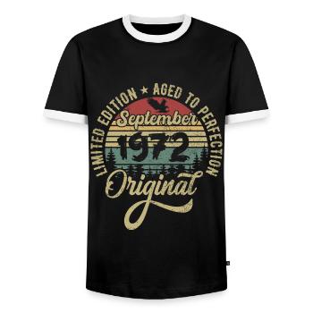 53. Geburtstag September 1972 - 53 Jahre alt - Männer Kontrast-T-Shirt - Schwarz/Weiß - Vorne - AI Model Female 172 light (172cm) & AI Model Male 178 light (178cm)