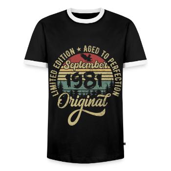 44th birthday September 1981 - 44 years old - Men's Ringer Shirt - black/white - Front - AI Model Female 172 light (172cm) & AI Model Male 178 light (178cm)