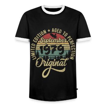 46th birthday September 1979 - 46 years old - Men's Ringer Shirt - black/white - Front - AI Model Female 172 light (172cm) & AI Model Male 178 light (178cm)