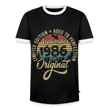 39th birthday September 1986 - 39 years old - Men's Ringer Shirt - black/white - Front - AI Model Female 172 light (172cm) & AI Model Male 178 light (178cm)