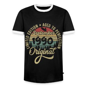 35e anniversaire Septembre 1990 - 35 ans - T-shirt contrasté Homme - noir/blanc - Devant - AI Model Female 172 light (172cm) & AI Model Male 178 light (178cm)