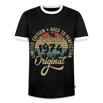 51. Geburtstag September 1974 - 51 Jahre alt - Männer Kontrast-T-Shirt - Schwarz/Weiß - Vorne - AI Model Female 172 light (172cm) & AI Model Male 178 light (178cm)