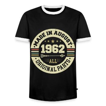 August 1962 Birthday present August 1962 August - Men's Ringer Shirt - black/white - Front - AI Model Female 172 light (172cm) & AI Model Male 178 light (178cm)