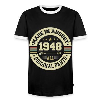 August 1948 Birthday present August 1948 August - Men's Ringer Shirt - black/white - Front - AI Model Female 172 light (172cm) & AI Model Male 178 light (178cm)