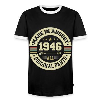 August 1946 Birthday present August 1946 August - Men's Ringer Shirt - black/white - Front - AI Model Female 172 light (172cm) & AI Model Male 178 light (178cm)