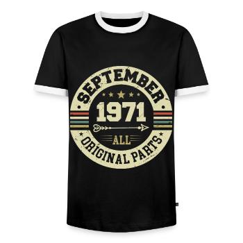 53e anniversaire 1971 Légendaire depuis septembre 1971 - T-shirt contrasté Homme - noir/blanc - Devant - AI Model Female 172 light (172cm) & AI Model Male 178 light (178cm)