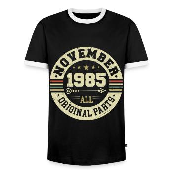 Vintage November 1985 - Birthday November 1985 - Men's Ringer Shirt - black/white - Front - AI Model Female 172 light (172cm) & AI Model Male 178 light (178cm)